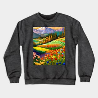 Stained Glass Colorful Mountain Meadow Crewneck Sweatshirt